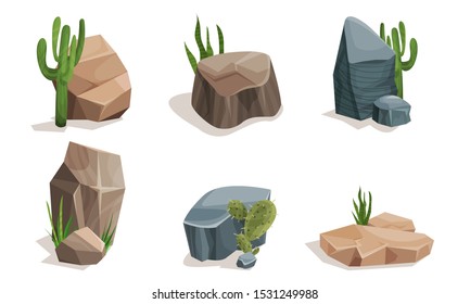 Set of large stones with cacti. Vector illustration.