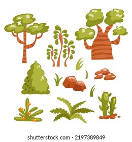 A set of large trees, bushes, stones. Vector illustration, drawing in a flat, cartoon style.