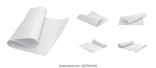 Set of large white for blueprints sheets lying and folded. Vector illustration