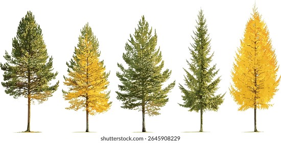 Set of Larix laricina tamarack tree isolated sunny daylight American larch hackmatack eastern larch red larch black larch vector illustration forest nature.