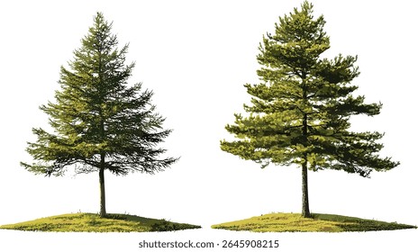 Conjunto de árvores Larix occidentalis e Larix decidua isoladas em luz do dia ensolarada, coníferas perene, floresta de pinheiros, paisagem de outono, ilustração de vetor da natureza.