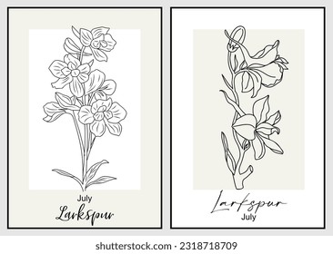 Set of Larkspur flower line art vector illustrations. Delphinium Hand drawn botanical black sketch. July birth month flower for wall art, jewelry, tattoo, logo, packaging design, wedding invitation