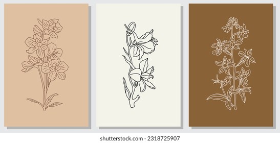 Set of Larkspur flower line art vector illustrations. Delphinium Hand drawn botanical black sketch. July birth month flower for wall art, jewelry, tattoo, logo, packaging design, wedding invitation