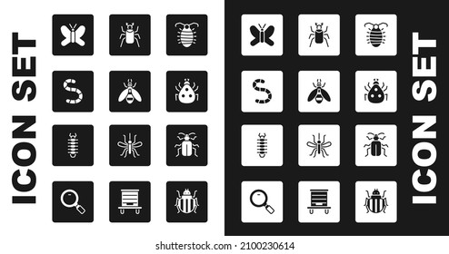 Set Larva insect, Bee, Worm, Butterfly, Ladybug, Beetle, Chafer beetle and Centipede icon. Vector