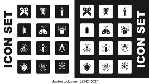 Set Larva insect, Butterfly, Centipede, Spider, Beetle deer, Cockroach and Chafer beetle icon. Vector