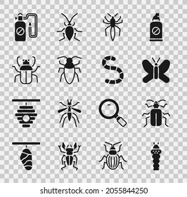 Set Larva insect, Chafer beetle, Butterfly, Spider, Cockroach, Stink bug, Pressure sprayer and Worm icon. Vector
