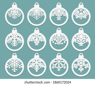 Set of laser cut Christmas balls with snowflake cutout of paper Sample Template for Christmas card, invitation for Christmas party For laser or plotter cutting printing serigraphy Vector illustration