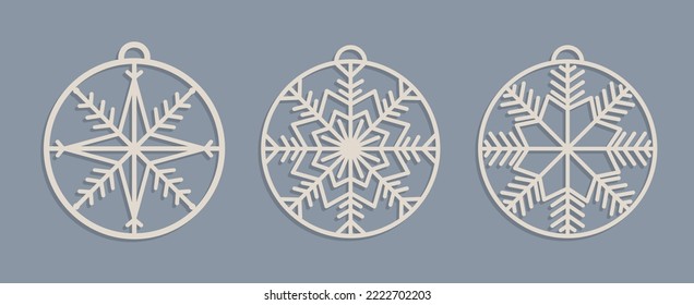 Set of Laser cut Christmas baubles Templates. Christmas tree wood decorations balls with snowflakes