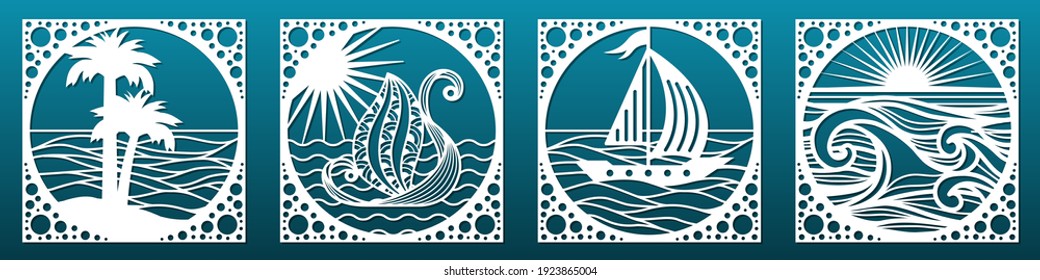 Set of laser cut emplates.Decorative panels or tiles for CNC cutting. Summer sea landscapes with waves, palms and sail boats. Home interior, wall art, paper art, travel cards. Vector illustration