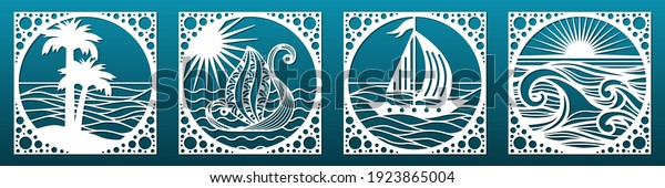 Set of laser cut emplates.Decorative panels\
or tiles for CNC cutting. Summer sea landscapes with waves, palms\
and sail boats. Home interior, wall art, paper art, travel cards.\
Vector illustration