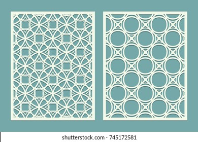 Set of Laser cut geometric pattern template. Wood screen lazer cut panel. Wall vinyl art decor. Abstract template for cutout panels. Canvas cut out. Paper cut decorative design. Vector illustration