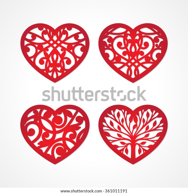 Set of laser cut heart labels. Die cut heart shapes with swirl. Swirly