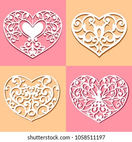 Set of laser cut hearts. Collection stencil lacy hearts with carved openwork pattern. Template for layouts wedding cards, invitations. Vector floral heart.