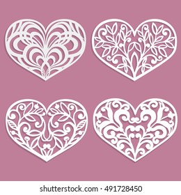 Set Of Laser Cut Hearts. Template For Interior Design, Layouts Wedding Cards, Invitations. Vector Floral Heart.