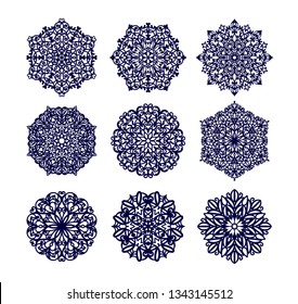 Set of laser cut mandala. Round ornamental lace, black floral pattern. Oriental silhouette. Vector geometric circle. Pattern in arabesque style. For wedding invitation, greeting card. Napkin stencil.