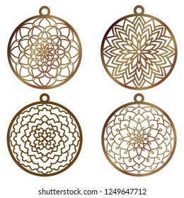 A set of laser cut openwork christmas decoration vector design. Laser cutting template for xmas tree. Merry Christmas decoration symbol for  cutting paper, wood and metal. Tree ball with lace pattern.