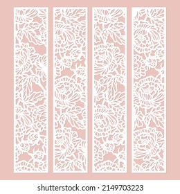 Set of laser cut panel with floral peonies pattern. Borders, room screen, bookmark templates, vector.