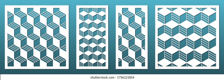 Set of laser cut panels with modern abstract geometric pattern. For home interior design elements, screens and room dividers. Cnc cutting, wood carving, wall art, fretwork. Vector templates