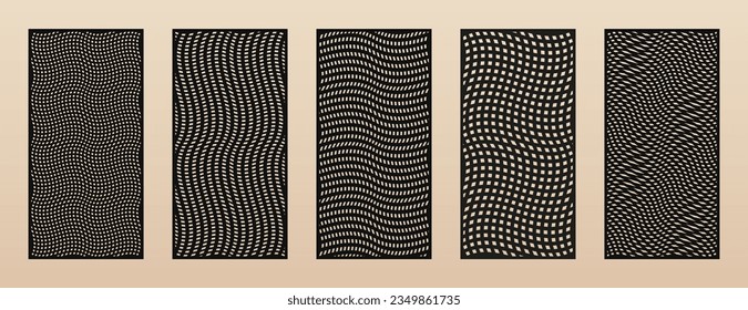 Set of laser cut panels. Vector abstract geometric patterns with distorted grid, wavy lines, optical illusion effect. Decorative stencil for laser, CNC cutting of wood, metal, paper. Aspect ratio 1:2