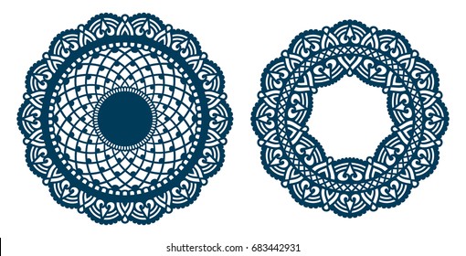 Set of laser cut paper lace medallions. Ornamental cutout mandala. Abstract vintage doily. Round element design for wedding invitation and greeting card. Mehndi ornament. Vector illustration.