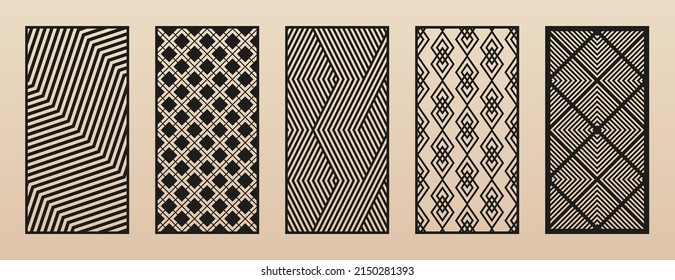 Set of laser cut patterns. Modern abstract geometric panels with diagonal lines, chevron, grid, diamonds, squares. Decorative stencil for laser cutting of wood, metal, paper, plastic. Aspect ratio 1:2