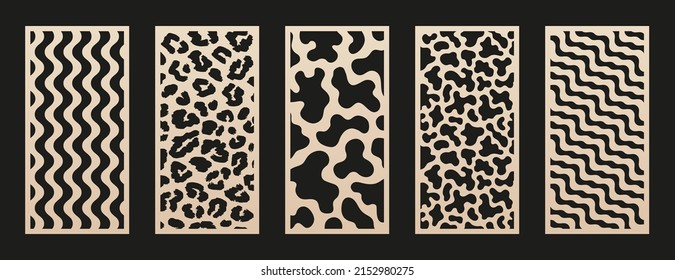 Set of laser cut patterns. Modern abstract geometric panels with wavy lines, stripes, organic shapes, animal skin, leopard texture. Stencil for laser cutting of wood, metal, paper. Aspect ratio 1:2