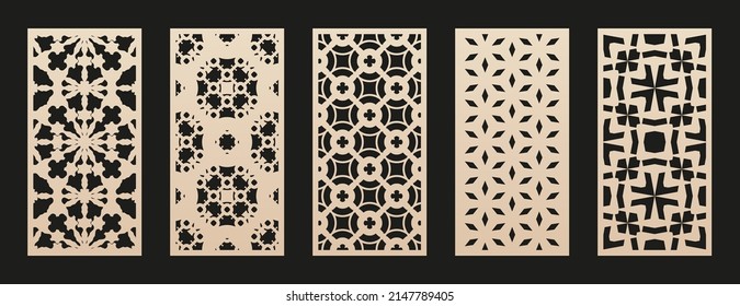 Conjunto de patrones de corte láser. Paneles geométricos abstractos vectoriales modernos con ornamentos florales, rejilla. Estilo árabe oriental. Plantilla para corte cnc, paneles decorativos de madera, metal. Relación de aspecto 1:2