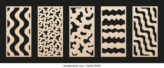 Set of laser cut patterns. Vector modern abstract geometric panels with wavy lines, stripes, fluid organic shapes. Template for cnc cutting, decorative panels of wood, metal, paper. Aspect ratio 1:2