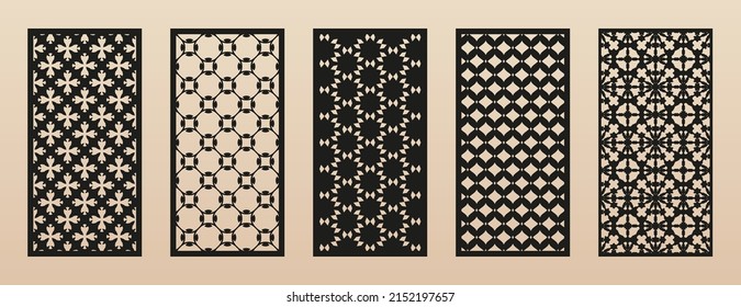 Set of laser cut patterns. Vector modern abstract geometric panels with floral ornaments, grid, lattice. Arabic style. Template for cnc cutting, decorative panels of metal, wood. Aspect ratio 1:2