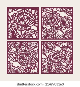 Conjunto de paneles cuadrados de corte láser con patrón de peonías florales. Tarjetas de invitación, valla, plantillas de corte de pantalla, vector.