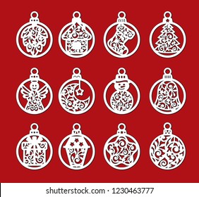 Set Of Laser Cut Template Of Christmas Balls With Angel, Bell, Snowman, Sock, Gift. Xmas Tree Decoration For Paper Cutout. Openwork Silhouette With Lace Ornament. Vector Illustration On Red Background