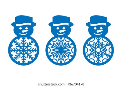 Set of laser cut template of Christmas snowman with snowflake. Xmas tree decoration for wood carving, plotter, printing. Vector illustration on isolated background. Openwork toy with a lace ornament.