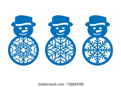 Set of laser cut template of Christmas snowman with snowflake. Xmas tree decoration for wood carving, plotter, printing. Vector illustration on isolated background. Openwork toy with a lace ornament.