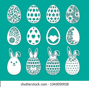 Set of laser cut template. Decorative eggs with bow, flower, ears of bunny; rabbit. Vector sample elements. Happy Easter egg hunt. Silhouette illustration for paper cut isolated on green background.