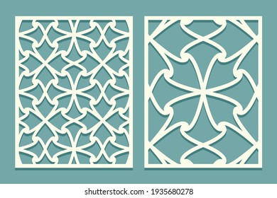 Conjunto de paneles de plantilla de corte láser. Patrón de ondas de pantalla de corte láser y mugre. Patrones decorativos de enrejado de encajes. Configurado para imprimir, grabar, cortar papel, dar saludo a las plantillas de tarjetas. Ilustración del vector