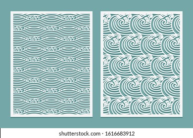 Set of Laser cut template pattern Rivers waves Asian style scenery Metal cutting or wood carving, panel design, stencil for fretwork, paper art, card background or interior decor Vector illustration.