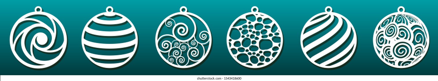 Set of laser cut templates. Christmas balls, abstract pattern in underwater design. Metal cutting, paper art, wood carving, fretwork stencil or die. Vector illustration