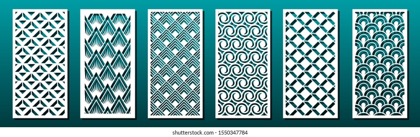 Set of laser cut templates with geometric pattern.  For metal cutting, wood carving, panel decor, paper art, stencil or die for fretwork, card background design. Vctor illustration