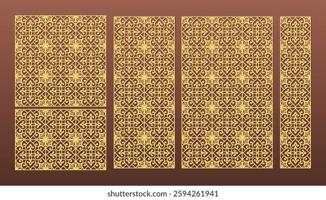 Set of laser cut templates with geometric pattern. For metal cutting, wood carving, panel decor, paper art, stencil or die for fretwork, card background design. Vctor illustration