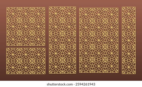 Set of laser cut templates with geometric pattern. For metal cutting, wood carving, panel decor, paper art, stencil or die for fretwork, card background design. Vctor illustration