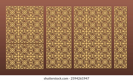 Set of laser cut templates with geometric pattern. For metal cutting, wood carving, panel decor, paper art, stencil or die for fretwork, card background design. Vctor illustration