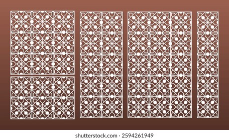 Set of laser cut templates with geometric pattern. For metal cutting, wood carving, panel decor, paper art, stencil or die for fretwork, card background design. Vctor illustration