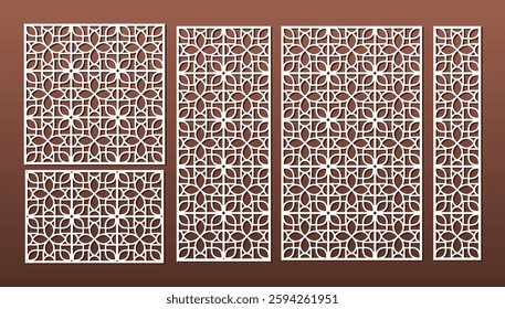 Set of laser cut templates with geometric pattern. For metal cutting, wood carving, panel decor, paper art, stencil or die for fretwork, card background design. Vctor illustration