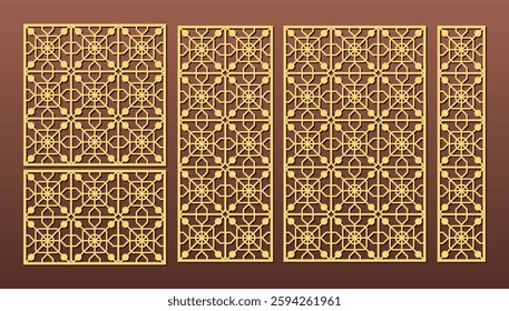 Set of laser cut templates with geometric pattern. For metal cutting, wood carving, panel decor, paper art, stencil or die for fretwork, card background design. Vctor illustration
