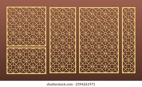 Set of laser cut templates with geometric pattern. For metal cutting, wood carving, panel decor, paper art, stencil or die for fretwork, card background design. Vctor illustration