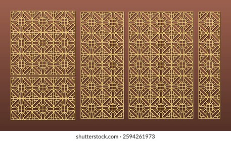 Set of laser cut templates with geometric pattern. For metal cutting, wood carving, panel decor, paper art, stencil or die for fretwork, card background design. Vctor illustration