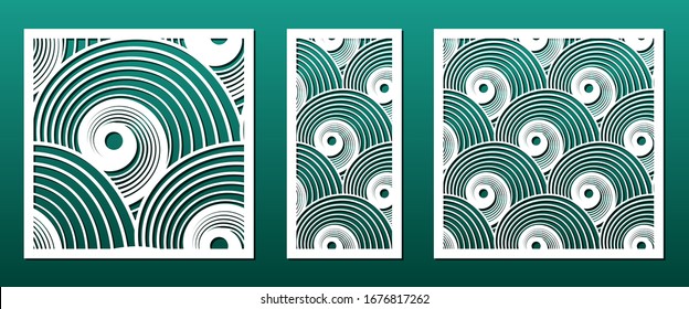 Conjunto de plantillas de corte láser para la decoración del panel. Tapón de metal o madera, arte de papel, decoración de pared. Ornamento geométrico abstracto con conchas marinas en espiral. Ilustración del vector