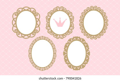 Set of laser cut vector oval frames. Templates can be used for decoration invite party ( wedding, baby shower, birthday) card. Vintage royal gold elements of design. Borders for laser cutting. Girlish