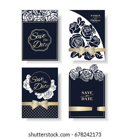 Set of Laser Cut Wedding Invitation Card. Navy Blue Rose Concept.Vector/Illustration