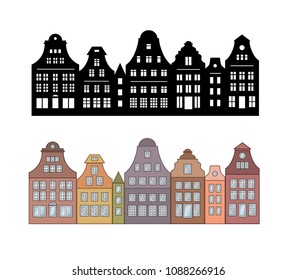 Set Of Laser Cutting Amsterdam Style Houses. Silhouette Of Row Of Typical Netherlands Canal View. Stylized Dutch Colorful Facade Of Old Buildings. Wood Carving Vector Template. Background For Banner.